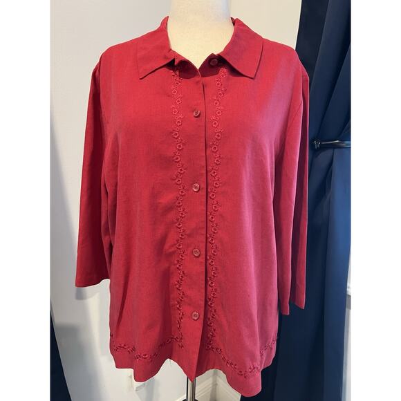 Talbots Tops - TALBOTS 18 Women Red Top Blouse Shirt Floral Embroidered Button Down Linen Blend
